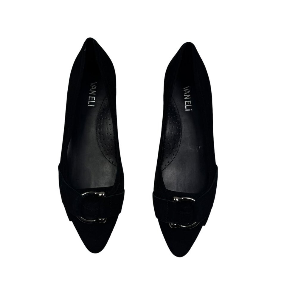 Vaneli Black Suede Slip On Flats/Loafers W/Metal Ring Detail Women's Size 8.5 N